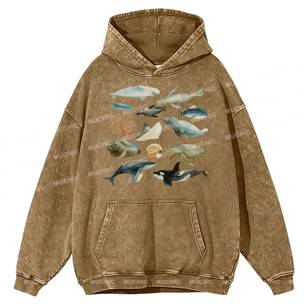 Underwater World Unisex Printed Casual Washed Hoodie Sweatshirt Khaki / M