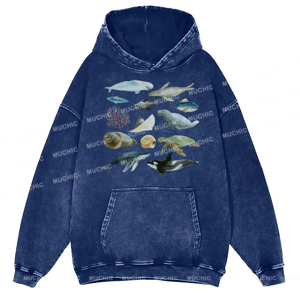 Underwater World Unisex Printed Casual Washed Hoodie Sweatshirt Navy / M