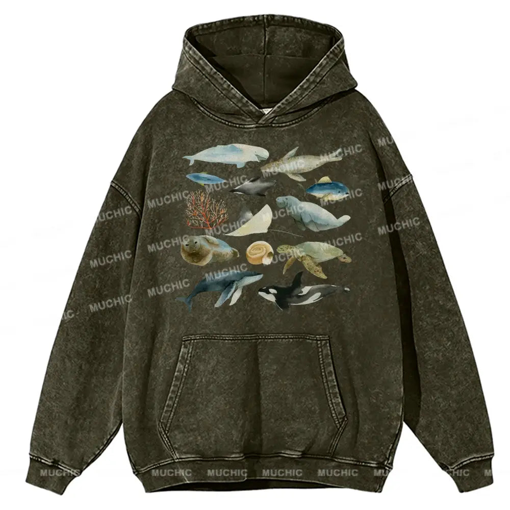 Underwater World Unisex Printed Casual Washed Hoodie Sweatshirt Olive / M