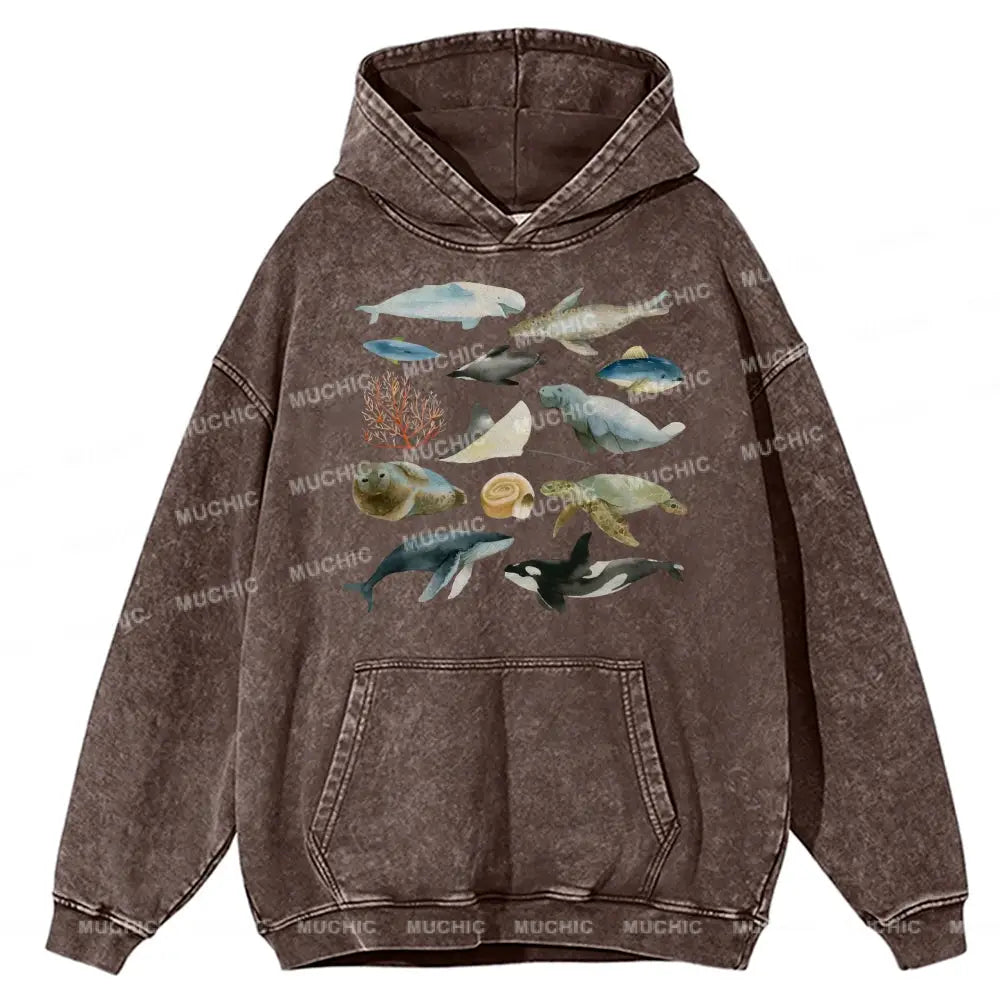 Underwater World Unisex Printed Casual Washed Hoodie Sweatshirt Peru / M