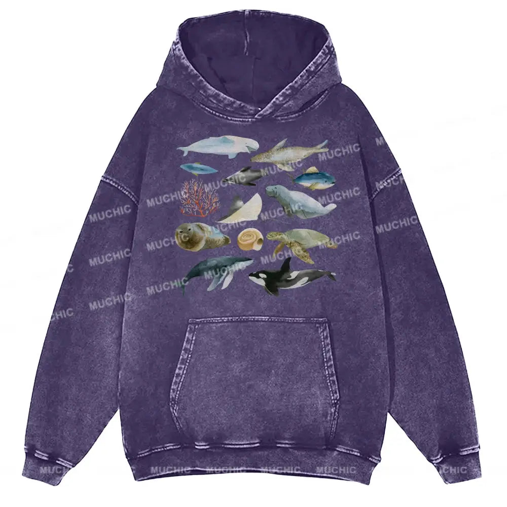 Underwater World Unisex Printed Casual Washed Hoodie Sweatshirt Purple / M