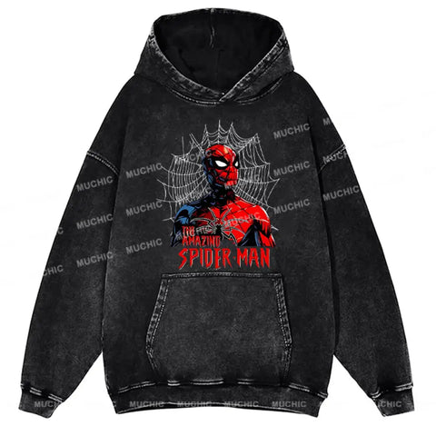 Muchic Unisex "Amazing Spider-Man" Funny Cartoon Retro Fashion Graphic Print Long Sleeve Hooded Sweater (T-shirt)