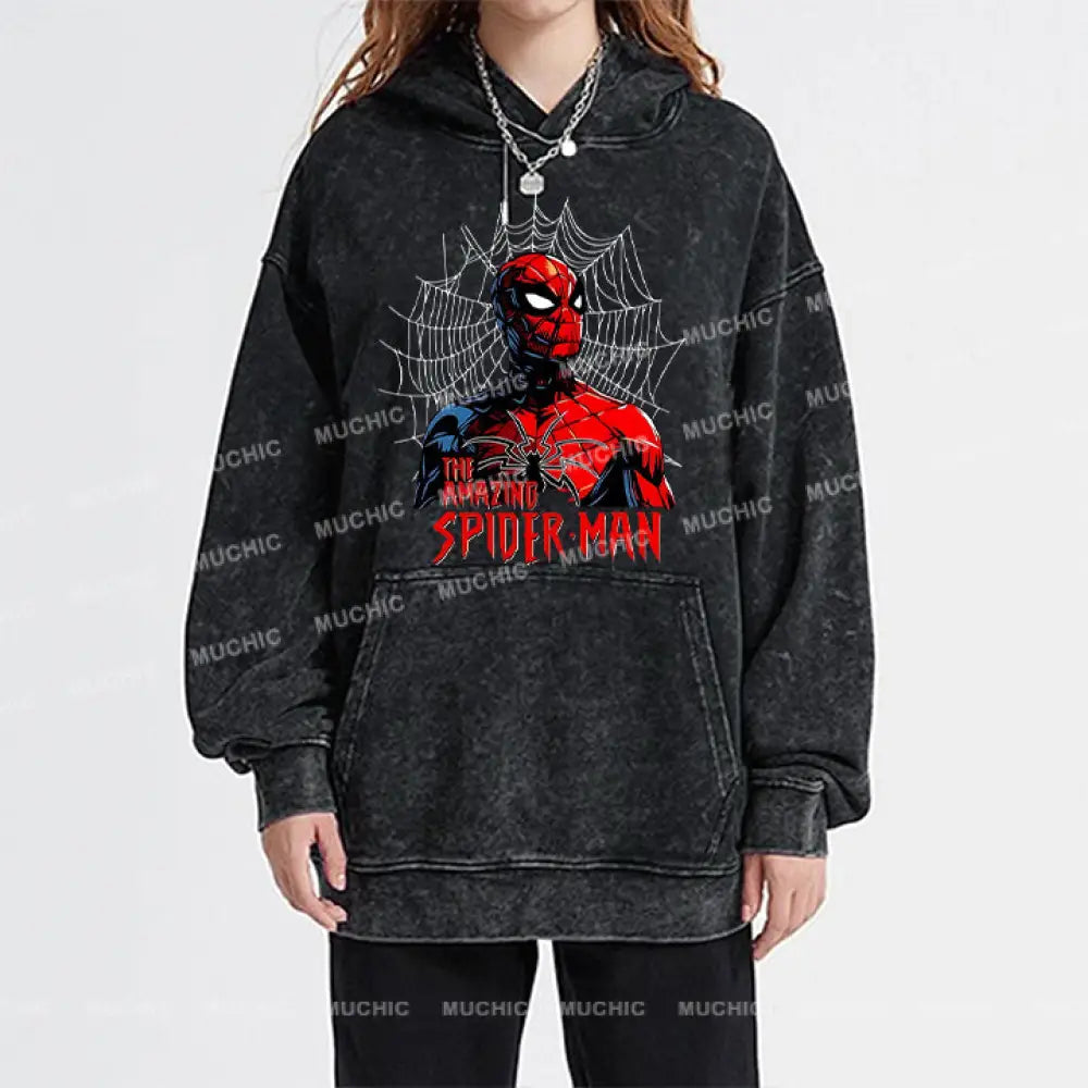 Muchic Unisex ’Amazing Spider-Man’ Funny Cartoon Retro Fashion Graphic Print Long Sleeve Hooded