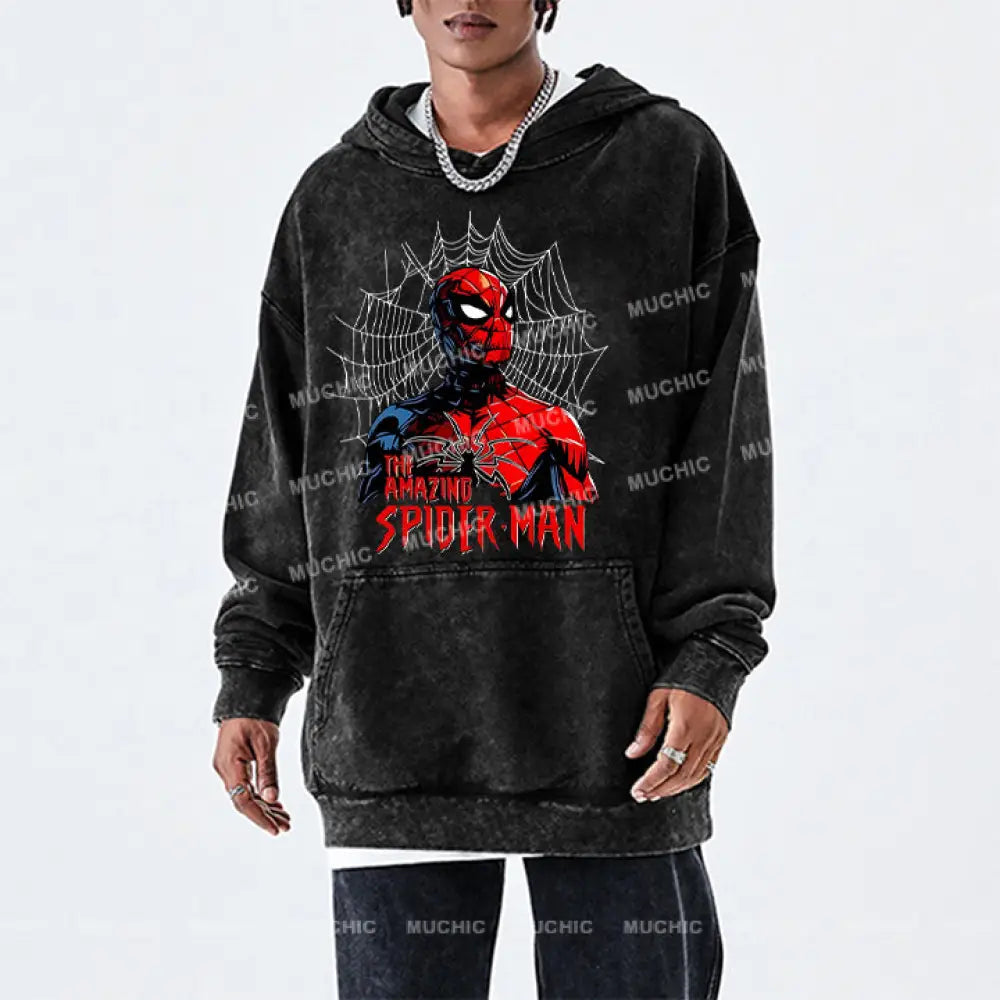 Muchic Unisex ’Amazing Spider-Man’ Funny Cartoon Retro Fashion Graphic Print Long Sleeve Hooded