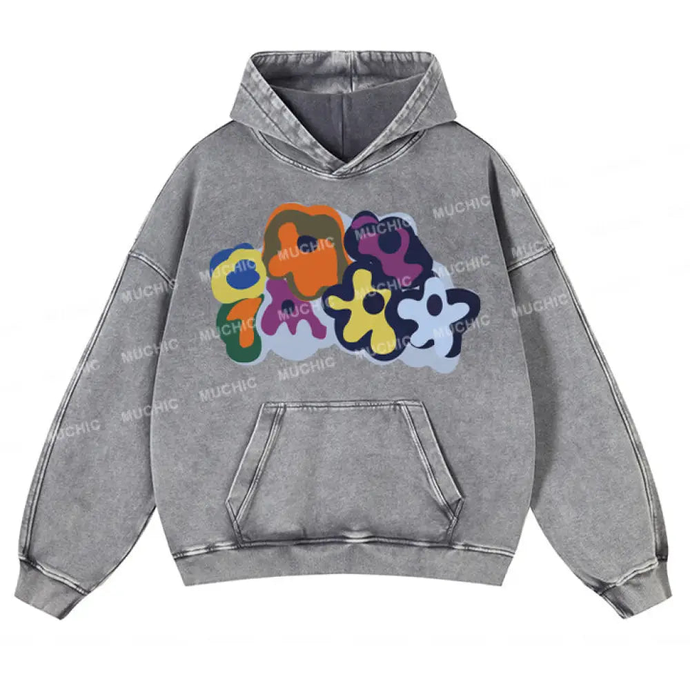 Muchic Unisex ’Art Flowers’ Fashion Graphic Print Long Sleeve Hooded Sweatshirt Gray / S