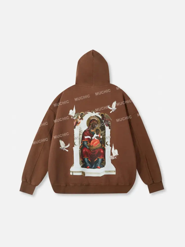 Muchic Unisex Black Madonna And Child Mural Washed Graphic Long Sleeve Hoodie Brown / M