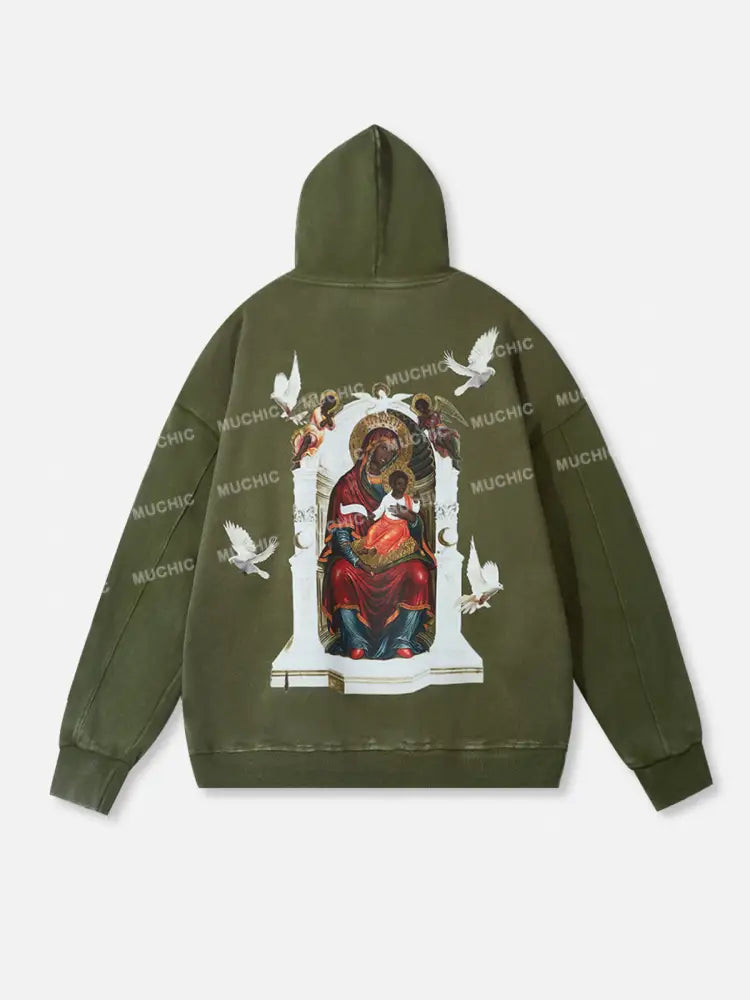 Muchic Unisex Black Madonna And Child Mural Washed Graphic Long Sleeve Hoodie Green / M