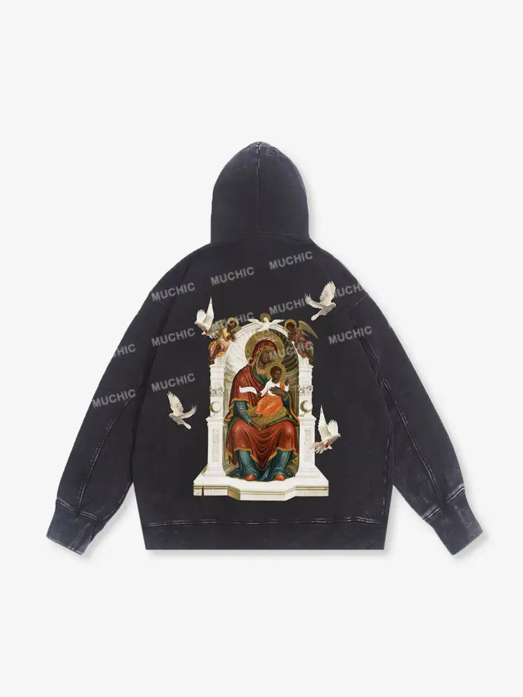 Muchic Unisex Black Madonna And Child Mural Washed Graphic Long Sleeve Hoodie Black / M