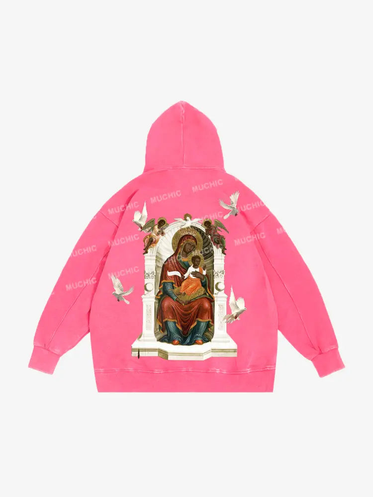 Muchic Unisex Black Madonna And Child Mural Washed Graphic Long Sleeve Hoodie Pink / M