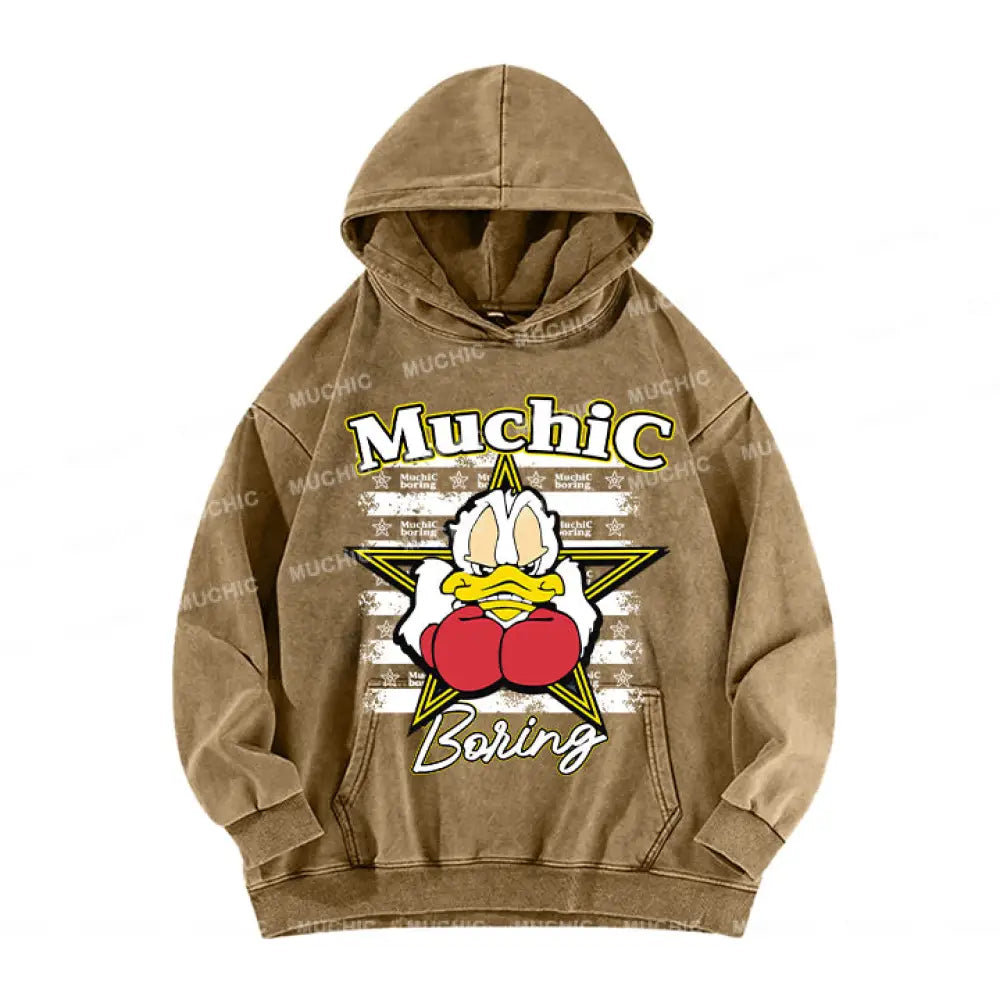 Muchic Unisex ’Boxing Duck’ Fun Graphic Print Long Sleeve Hoodie Beige / S Hoodies-Sweatshirts