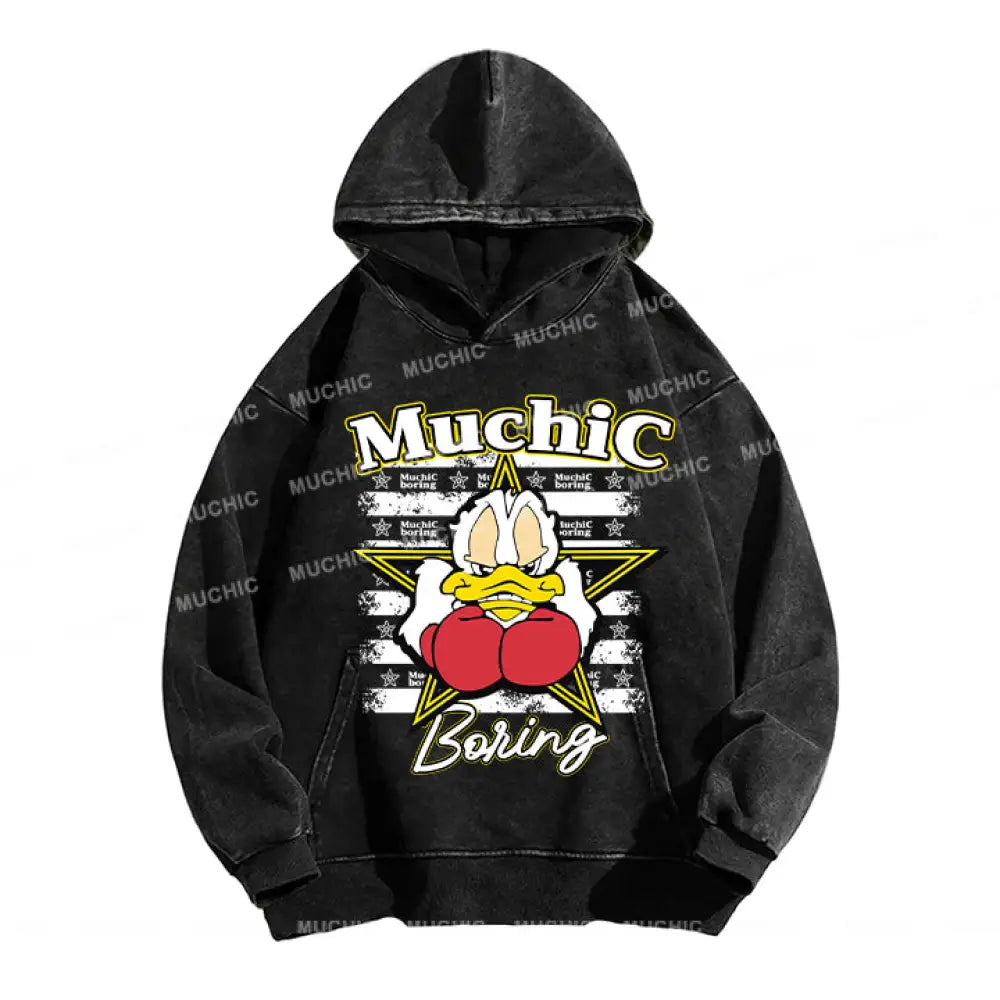 Muchic Unisex ’Boxing Duck’ Fun Graphic Print Long Sleeve Hoodie Black / S Hoodies-Sweatshirts