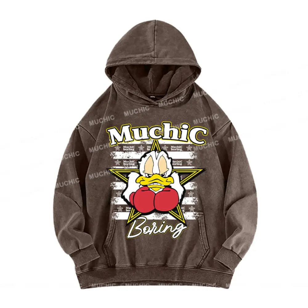 Muchic Unisex ’Boxing Duck’ Fun Graphic Print Long Sleeve Hoodie Coffee Color / S