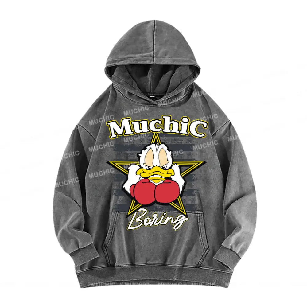 Muchic Unisex ’Boxing Duck’ Fun Graphic Print Long Sleeve Hoodie Gray / S Hoodies-Sweatshirts