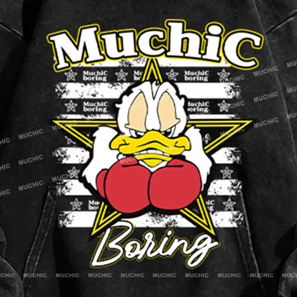 Muchic Unisex ’Boxing Duck’ Fun Graphic Print Long Sleeve Hoodie Hoodies-Sweatshirts