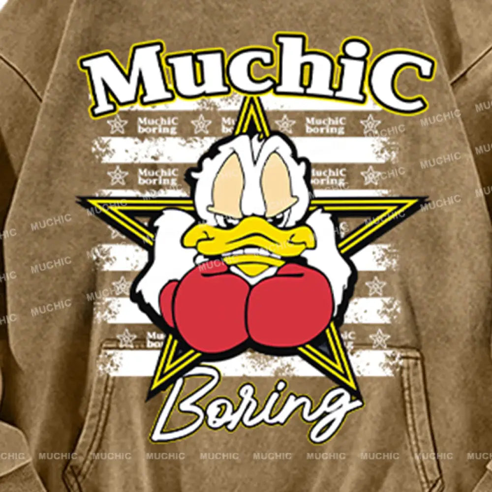 Muchic Unisex ’Boxing Duck’ Fun Graphic Print Long Sleeve Hoodie Hoodies-Sweatshirts