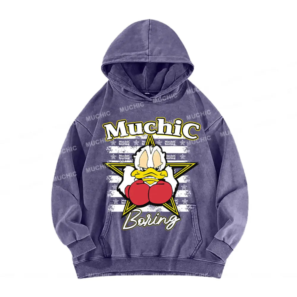 Muchic Unisex ’Boxing Duck’ Fun Graphic Print Long Sleeve Hoodie Purple / S Hoodies-Sweatshirts