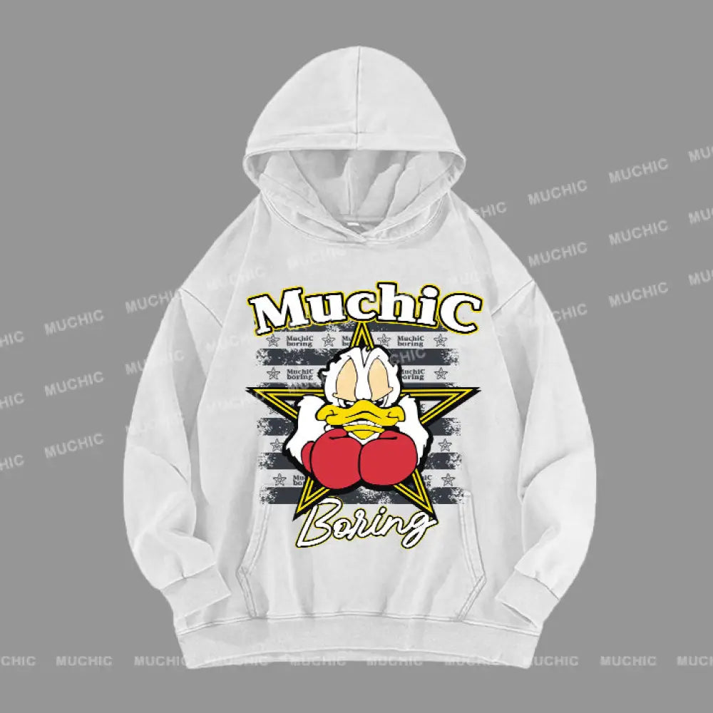 Muchic Unisex ’Boxing Duck’ Fun Graphic Print Long Sleeve Hoodie White / S Hoodies-Sweatshirts