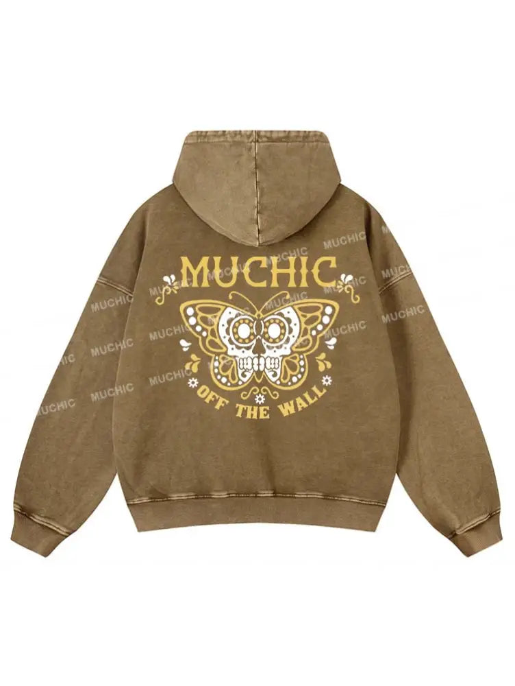 Muchic Unisex “Butterfly” Fashion Pattern Print Long Sleeve Hooded Sweatshirt Beige / S