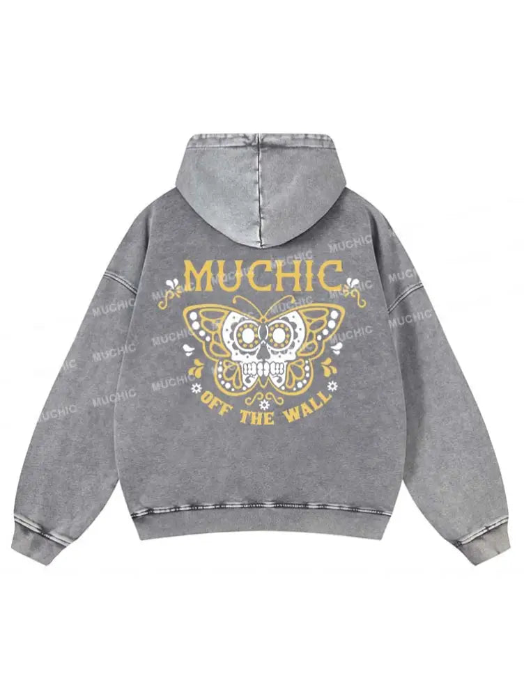 Muchic Unisex “Butterfly” Fashion Pattern Print Long Sleeve Hooded Sweatshirt Gray / S