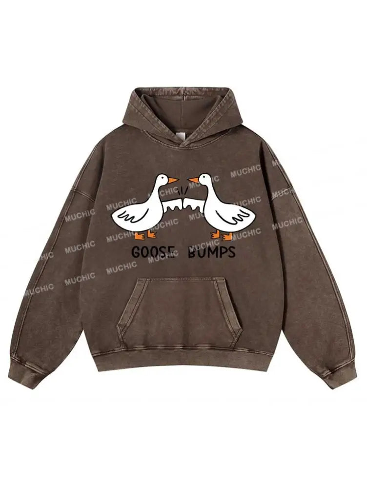 Muchic Unisex ’Cartoon Duck’ Fashion Graphic Print Long Sleeve Hoodie Gray Brown / S