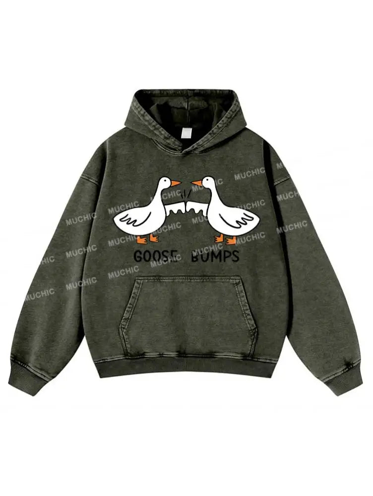 Muchic Unisex ’Cartoon Duck’ Fashion Graphic Print Long Sleeve Hoodie Gray Green / S