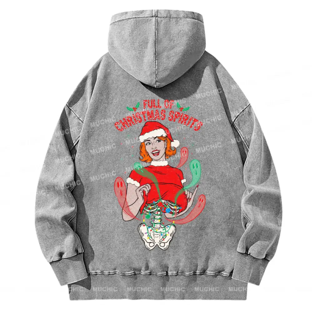 Muchic Unisex Casual Washed Full Of Christmas Spirits Printed Plush Thickening Hoodie Sweatshirt