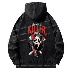 Muchic Unisex Casual Washed Have A Killer Day Letter Printed  Plush Thickening Hoodie Sweatshirt