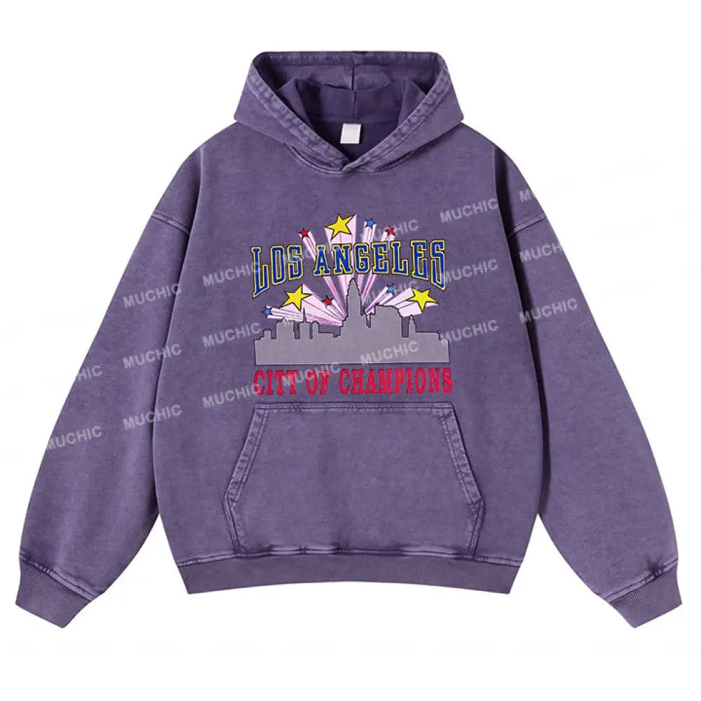 Muchic Unisex ’City Fireworks’ Fun Graphic Print Long Sleeve Hoodie Dark Purple / S