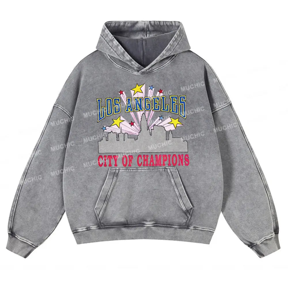 Muchic Unisex ’City Fireworks’ Fun Graphic Print Long Sleeve Hoodie Gray / S Hoodies-Sweatshirts