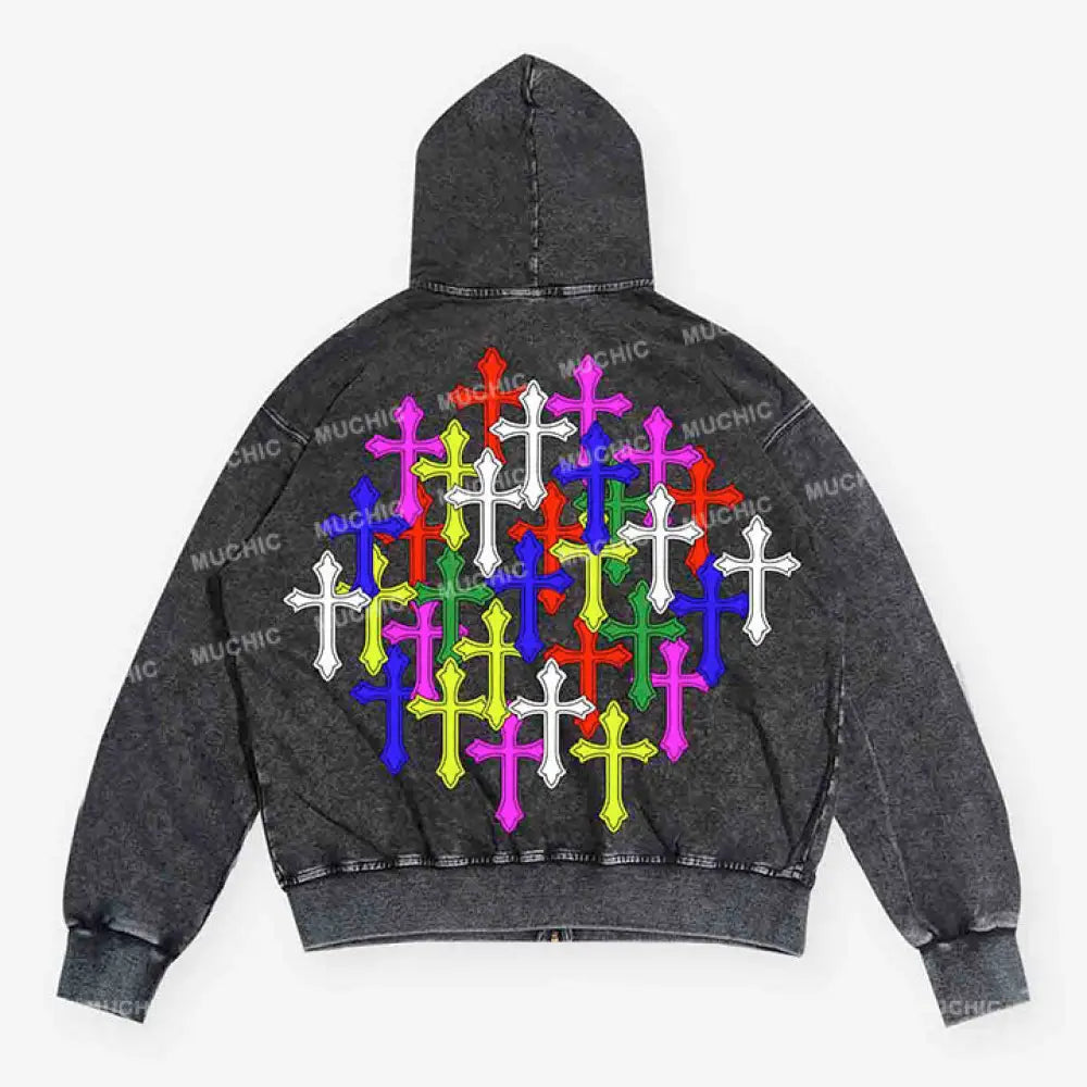 Muchic Unisex Colorful Cross Zip Graphic Washed Long Sleeve Hoodie Hoodies-Sweatshirts