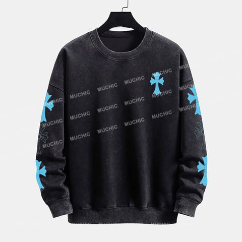 Muchic Unisex "Cross" Sports Graphic Print Long Sleeve Crewneck  Plush Thickening Sweatshirt