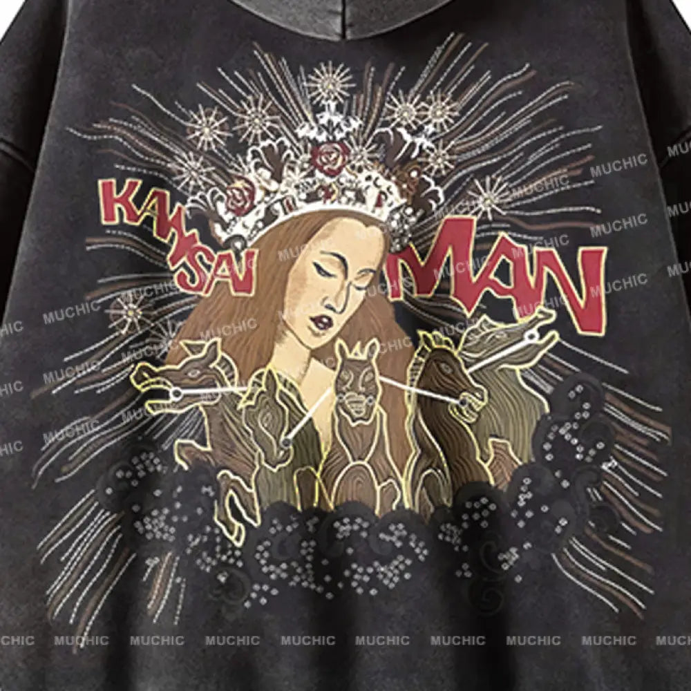 Muchic Unisex ’Crown’ Portrait Print Long Sleeve Hooded Sweatshirt Hoodies-Sweatshirts