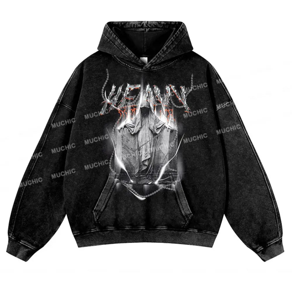 Muchic Unisex Devil’s Chain Graphic Print Long Sleeve Hooded Sweatshirt Black / S