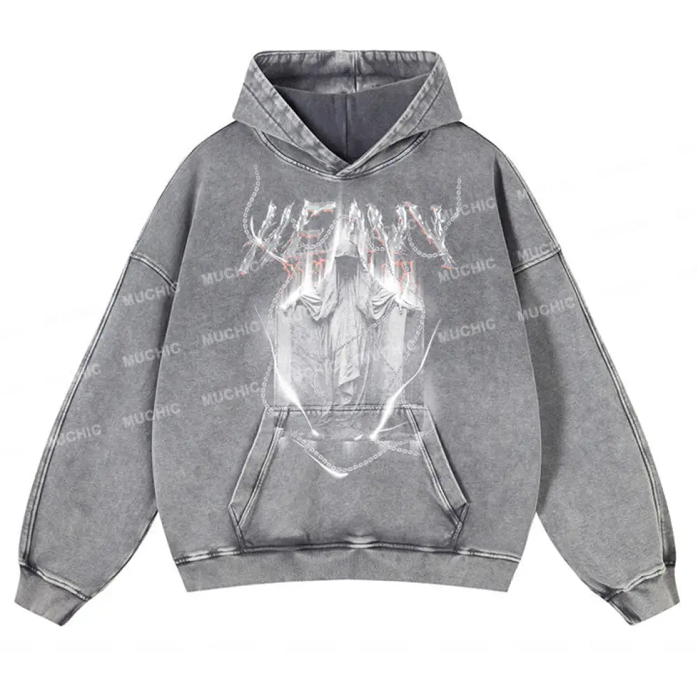 Muchic Unisex Devil’s Chain Graphic Print Long Sleeve Hooded Sweatshirt Gray / S Hoodies-Sweatshirts