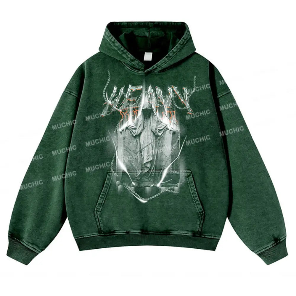 Muchic Unisex Devil’s Chain Graphic Print Long Sleeve Hooded Sweatshirt Green / S