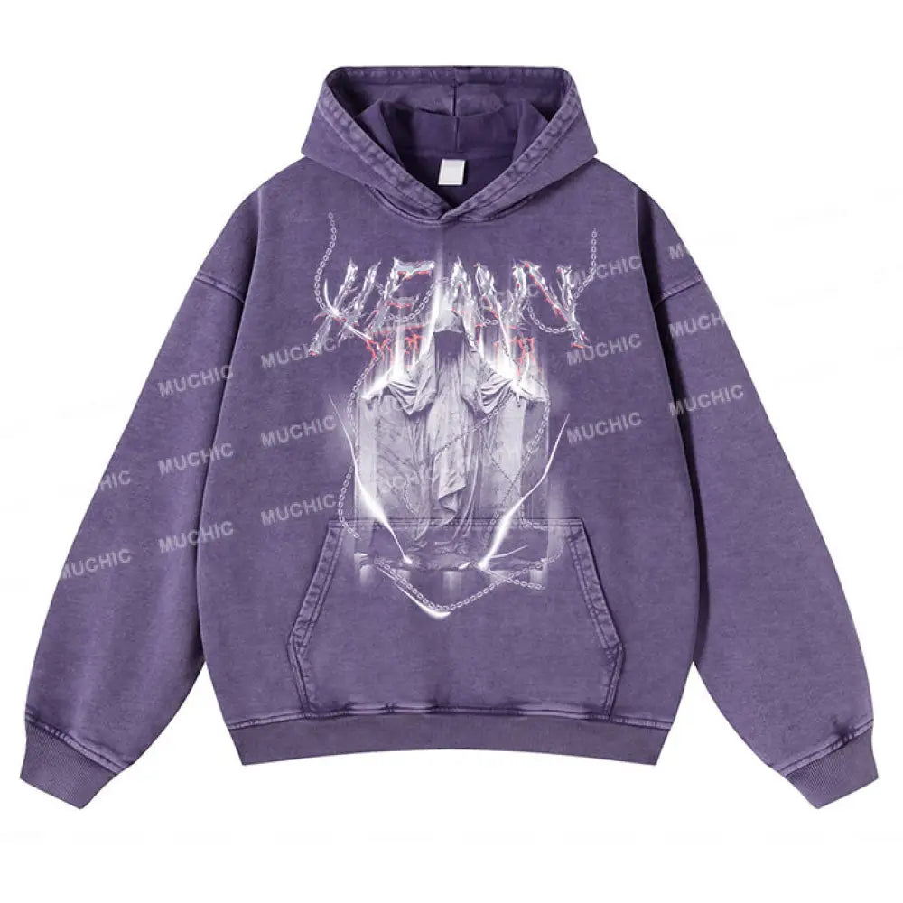 Muchic Unisex Devil’s Chain Graphic Print Long Sleeve Hooded Sweatshirt Purple / S