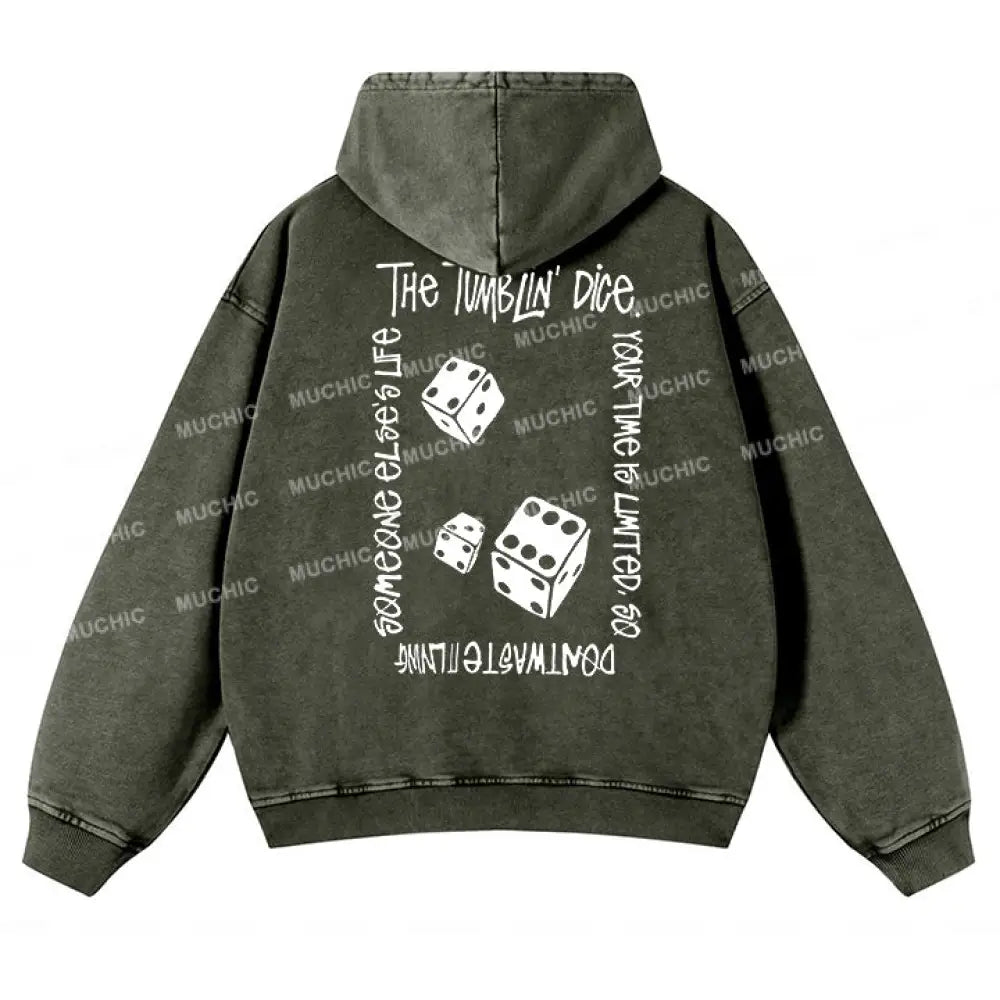 Muchic Unisex ’Dice Points’ Fashion Graphic Print Long Sleeve Hooded Sweatshirt Gray Green / S