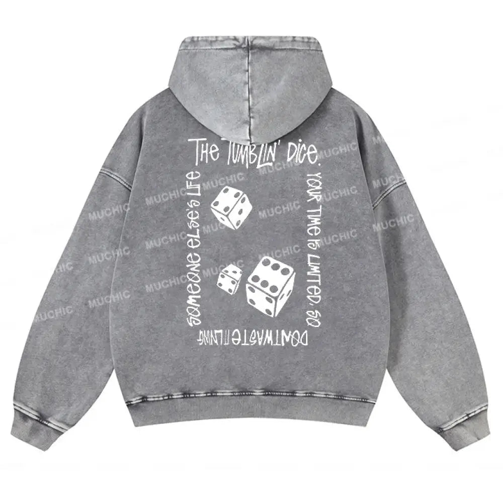 Muchic Unisex ’Dice Points’ Fashion Graphic Print Long Sleeve Hooded Sweatshirt Gray / S