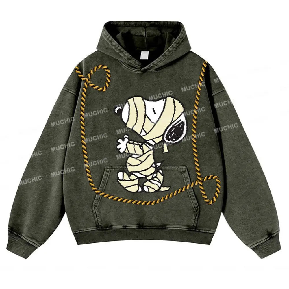 Muchic Unisex ’Dog’ Fun Graphic Print Long Sleeve Plush Thickening Hoodie Gray Green / S