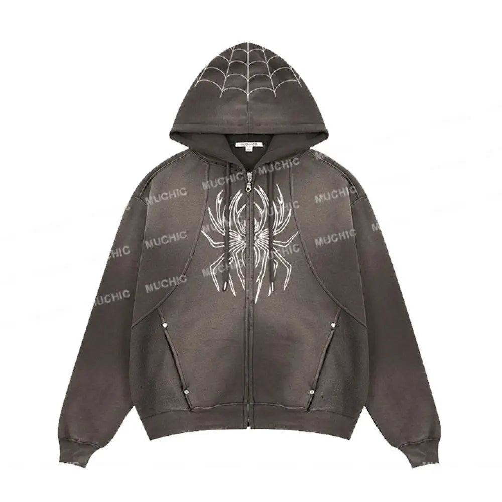 Muchic Unisex Fashion Spider Pattern Print Rivet Hooded Long Sleeve Sweatshirt Brown / S