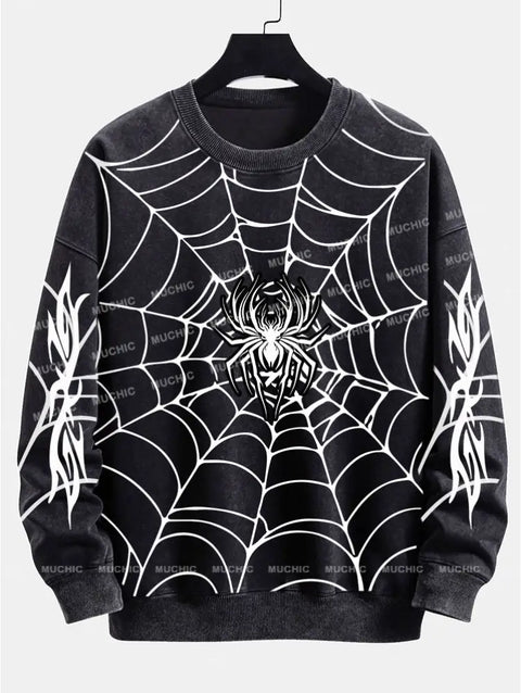 MUCHIC Unisex Fashion Spider Pattern Printed Round Neck Long Sleeve  Plush Thickening Sweatshirt