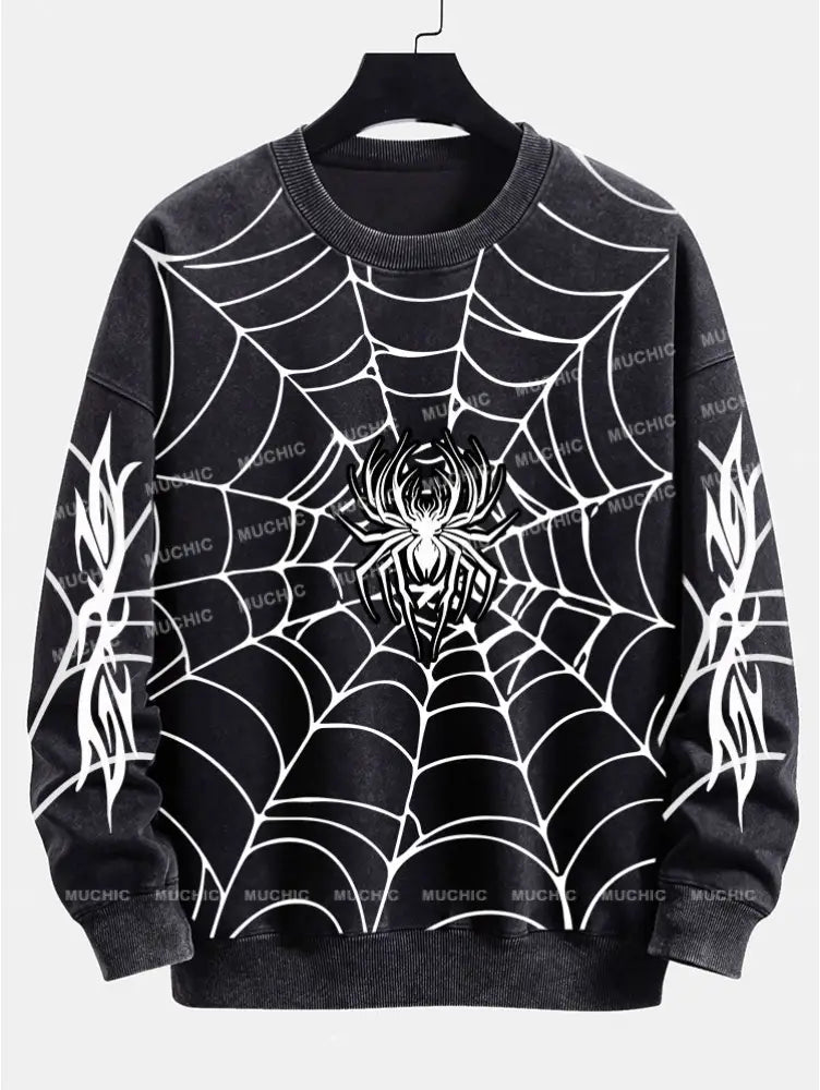 Muchic Unisex Fashion Spider Pattern Printed Round Neck Long Sleeve Sweatshirt Black / S