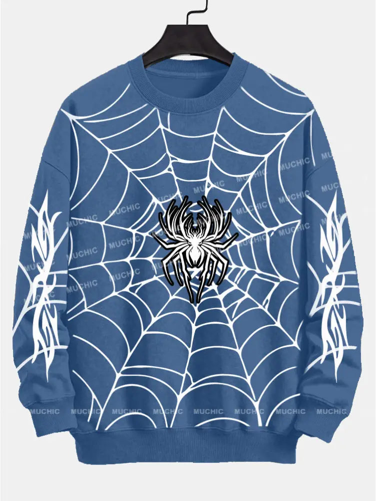 Muchic Unisex Fashion Spider Pattern Printed Round Neck Long Sleeve Sweatshirt Blue / S