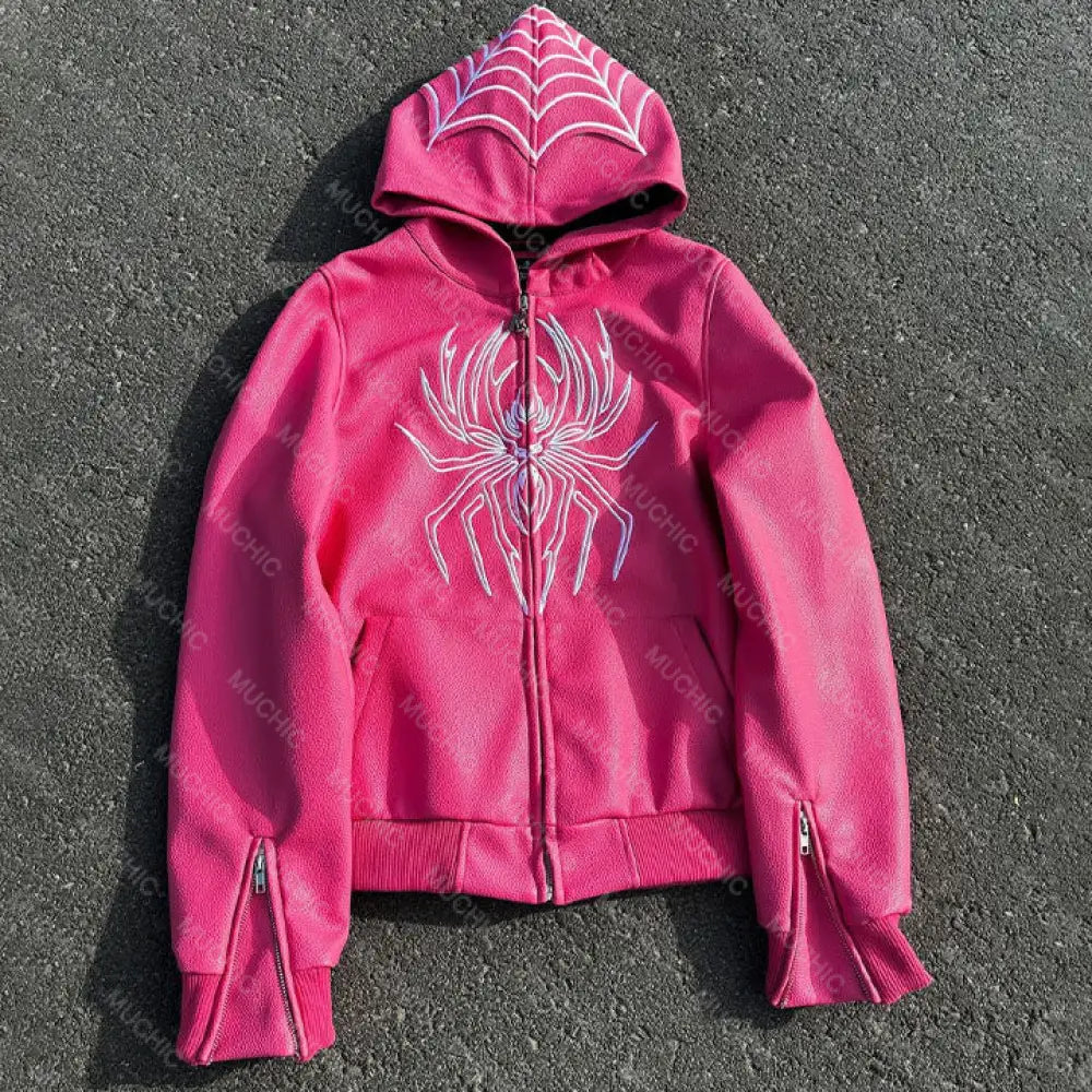 Muchic Unisex Fashion Spider Print Suede (Pu) Hooded Long Sleeve Jacket Pink / S Coats & Jackets