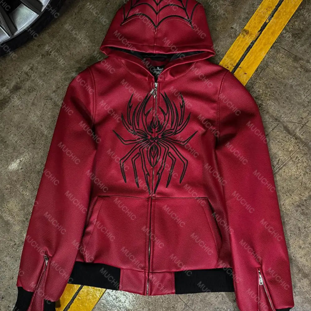 Muchic Unisex Fashion Spider Print Suede (Pu) Hooded Long Sleeve Jacket Red / S Coats & Jackets