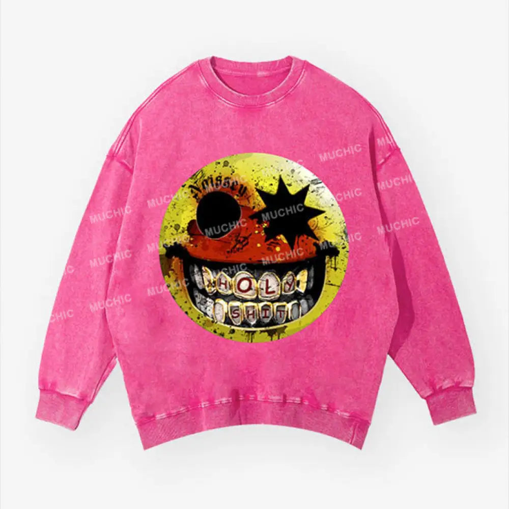 Muchic Unisex Gangster Smiley Pink Washed Print Crew Neck Sweatshirt / S Hoodies-Sweatshirts