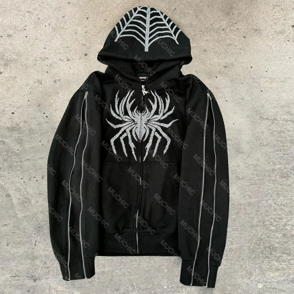 Muchic Unisex Gothic Spider Long Sleeve Hooded Sweatshirt Black / S Hoodies-Sweatshirts