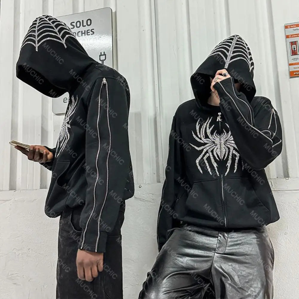 Muchic Unisex Gothic Spider Long Sleeve Hooded Sweatshirt Hoodies-Sweatshirts