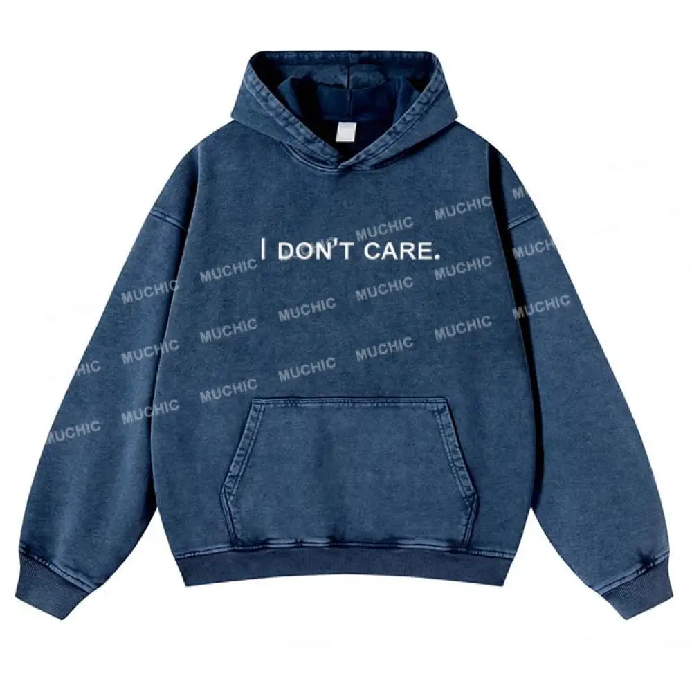 Muchic Unisex ’I Don’t Care’ Print Long-Sleeved Hooded Sweatshirt Blue / S Hoodies-Sweatshirts