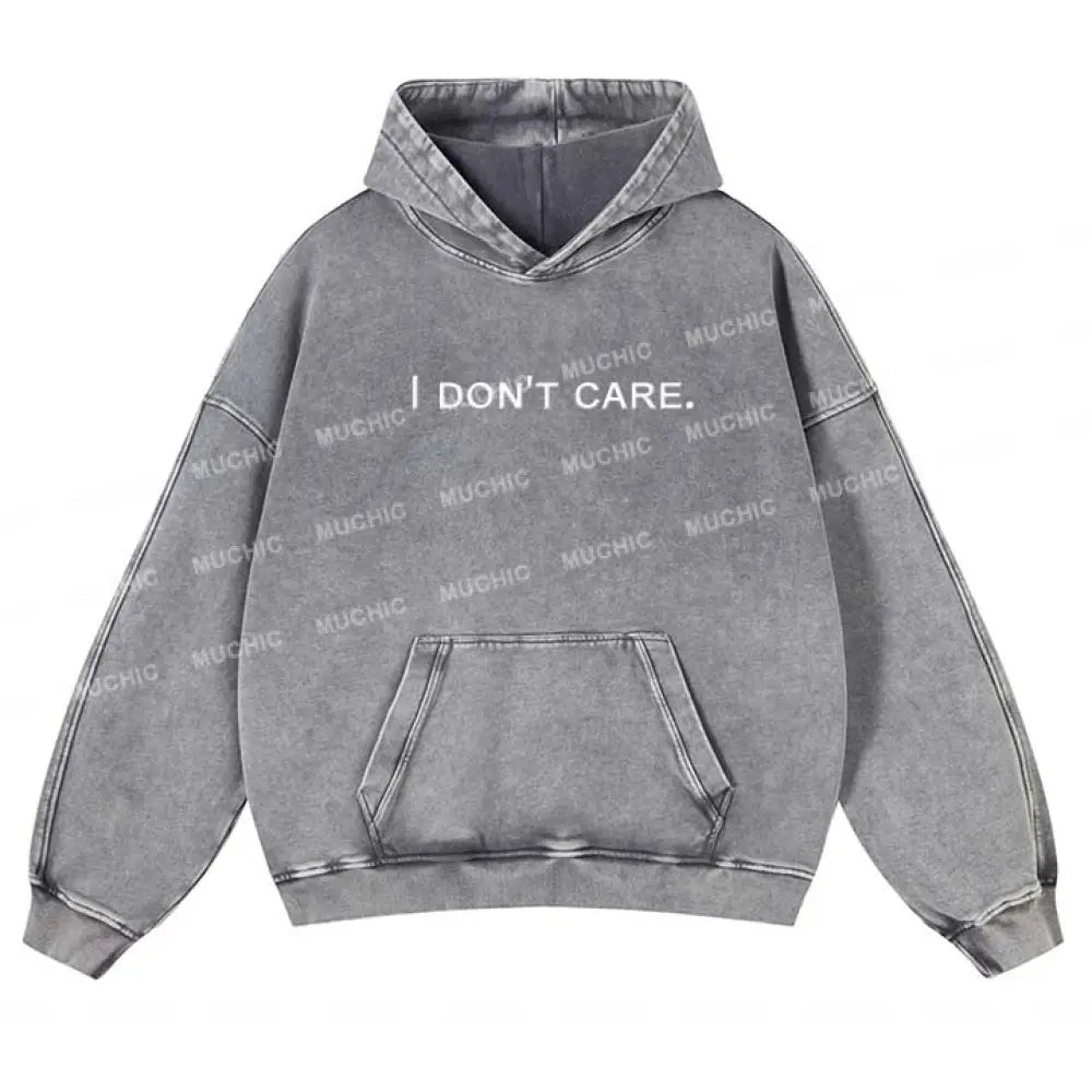 Muchic Unisex ’I Don’t Care’ Print Long-Sleeved Hooded Sweatshirt Gray / S Hoodies-Sweatshirts